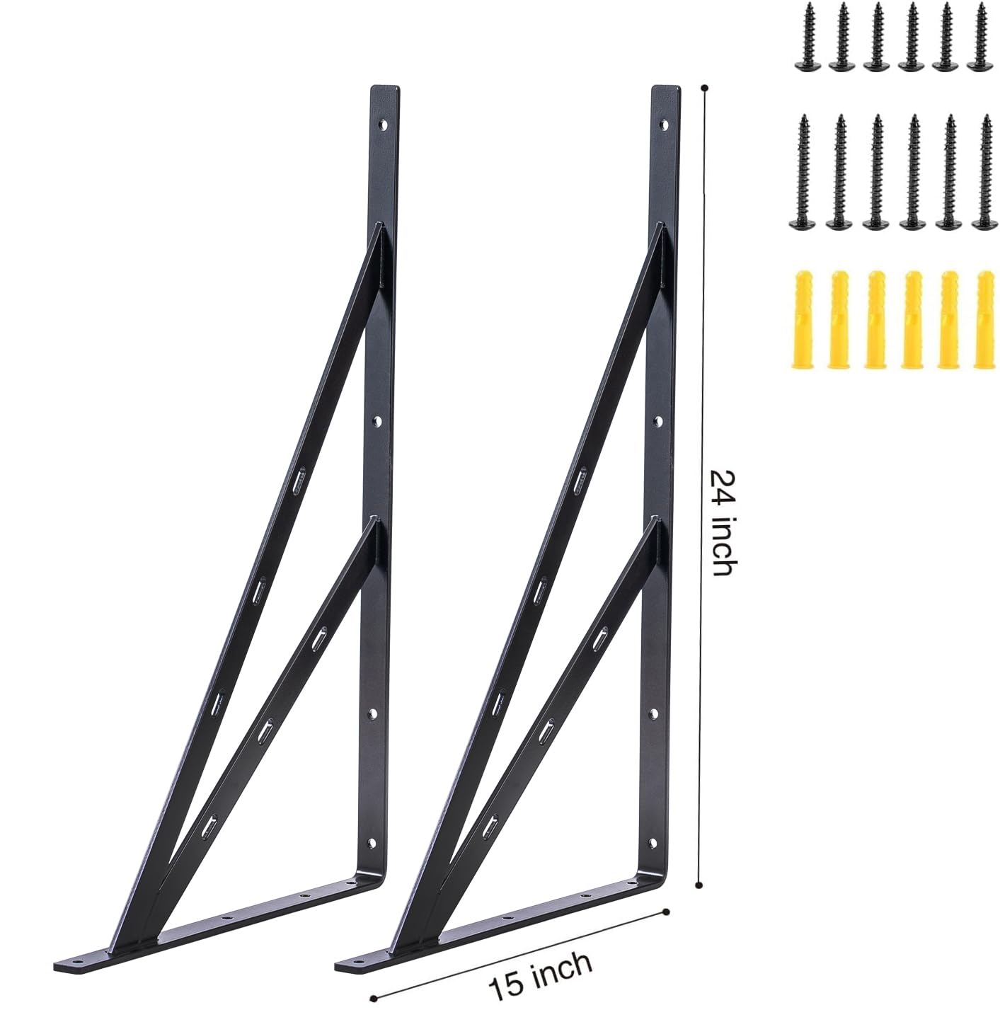 Soporte de estante resistente de 24 x 15 pulgadas, paquete de 4 soportes flotantes de 24 pulgadas, soporte de esquina de ángulo recto, soportes en L negros resistentes (24 x 15 pulgadas)