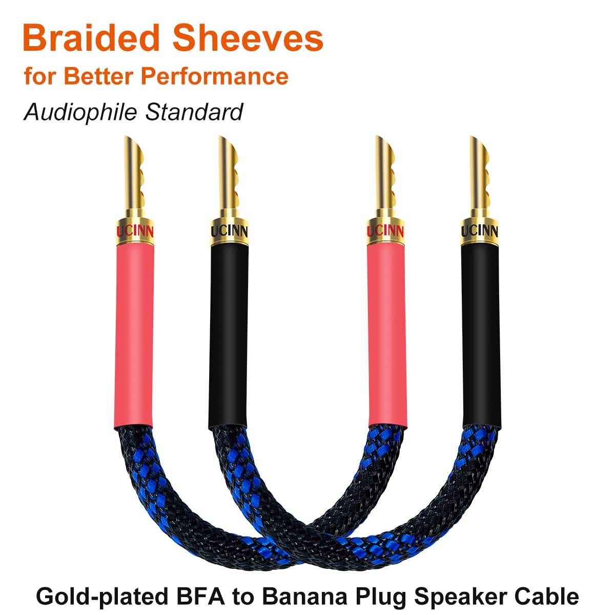 UCINNOVATE 11 AWG HiFi BFA Z Plugs Banana Speaker Cables, Confezione da 4 cavi per altoparlanti audiofili OFC placcati in oro con spina a banana BFA per sistema audio HiFi, spine a banana BFA con fili