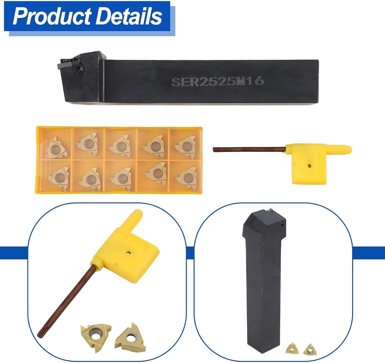 SER2525M16 Indexable Threading Tool Holder Kit With 10Pcs 16ER / AG60 Carbide Inserts 25Mm Shank Right Hand Internal Boring Bar Set For CNC Lathe Semi-Finishing