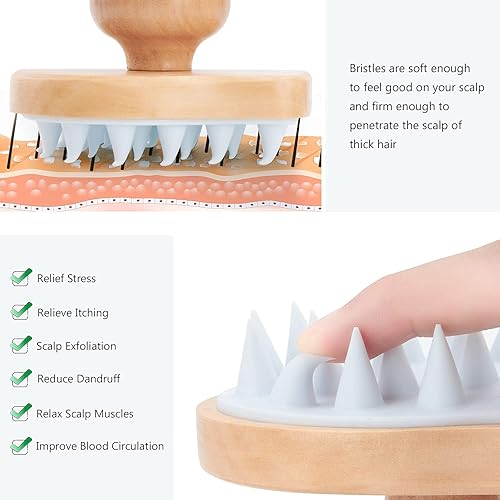 Miniatura 7 de Cepillo de champú masajeador para el cuero cabelludo, cepillo de madera para el cuidado del cuero cabelludo húmedo y seco, cepillo de ducha,