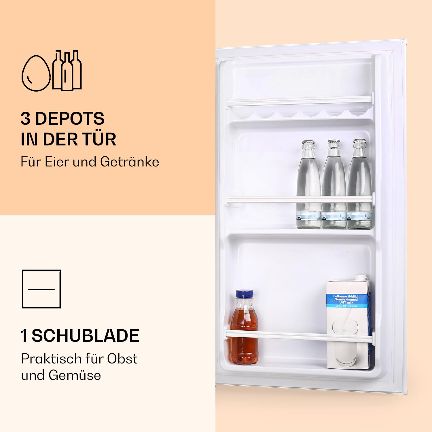 Klarstein 90L1-WH - Kühlschrank, Standkühlschrank, 90 L, 2 x Regaleinschub, Schublade, separates Eisfach, 3 Depots in der Tür, leise, Türanschlag rechts, weiß