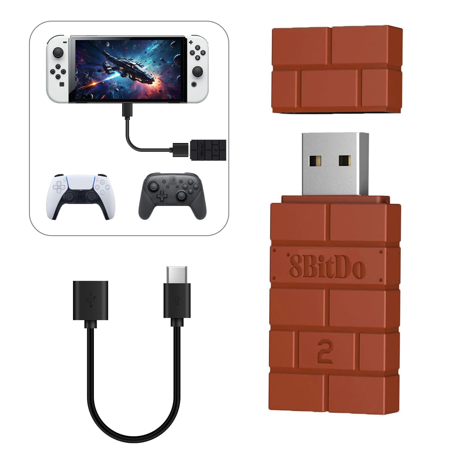 8BitDo USB Wireless Adapter 2, Bluetooth Adapter mit OTG-Kabel für Switch/2, Windows 10, PS Classic, Android, Raspberry Pi, Retrofreak System für Xbox Series, JoyCon, Switch Pro, PS5/4/3 Controller