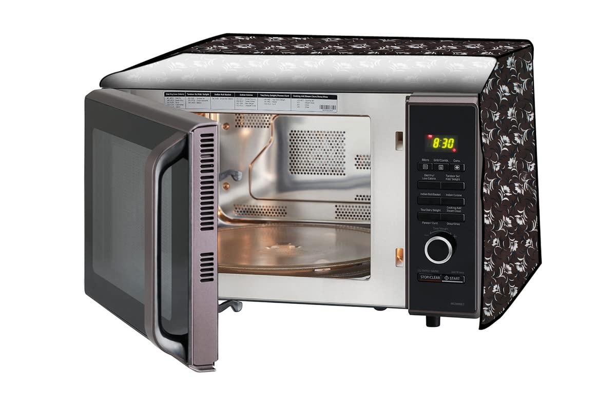 The Furnishing Tree Microwave Oven Cover full closure PVC suitable for all major brands for size LxWxH 19x21x13 in inches Floral Pattern Dark Brown