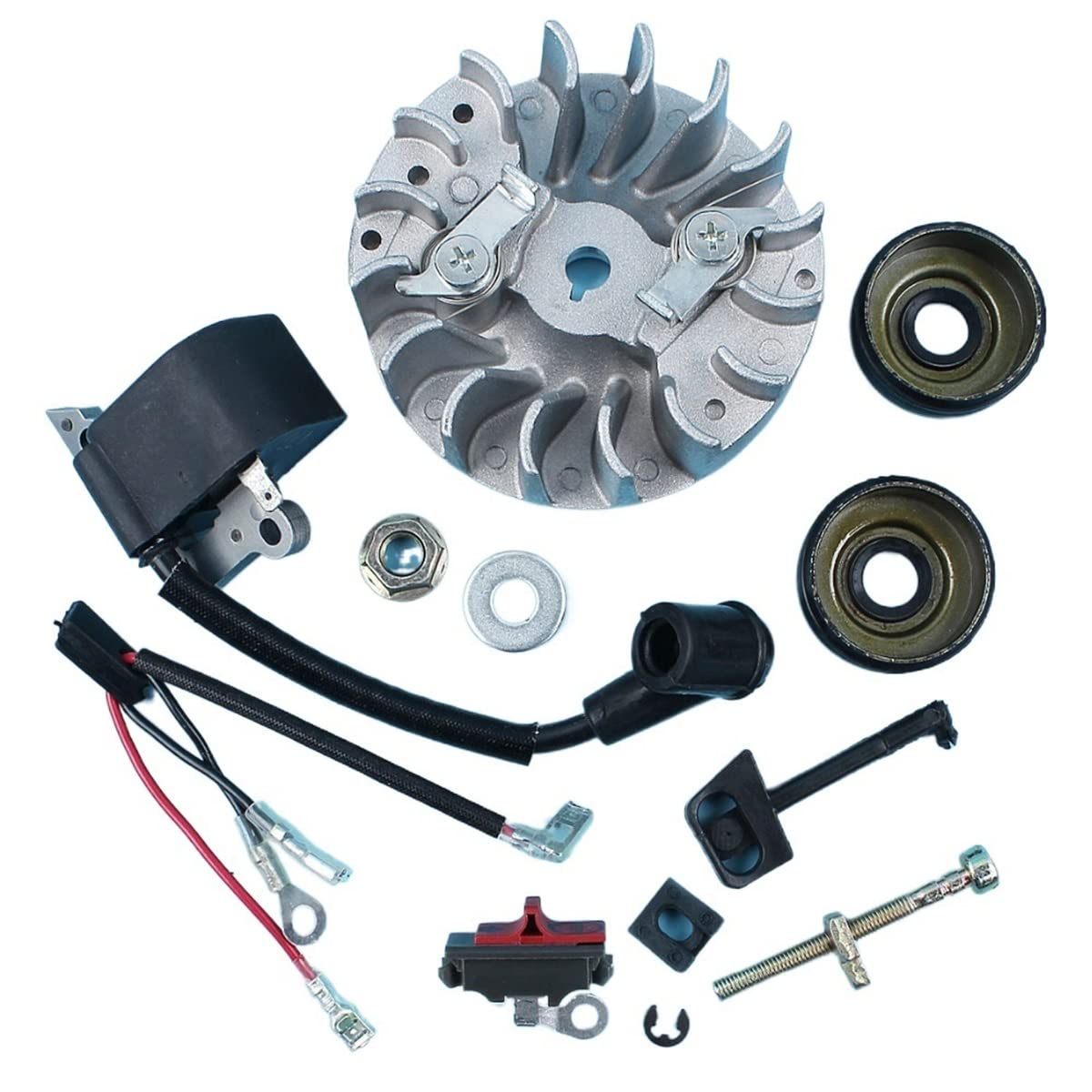 Parti di ricambio per utensili elettrici per esterni Volano Kill Switch Bobina di accensione Tendicatena Tenuta Olio per 137 137E 142 142E Motosega W/Dadi Leva di soffocamento per Patio Prato Giardino