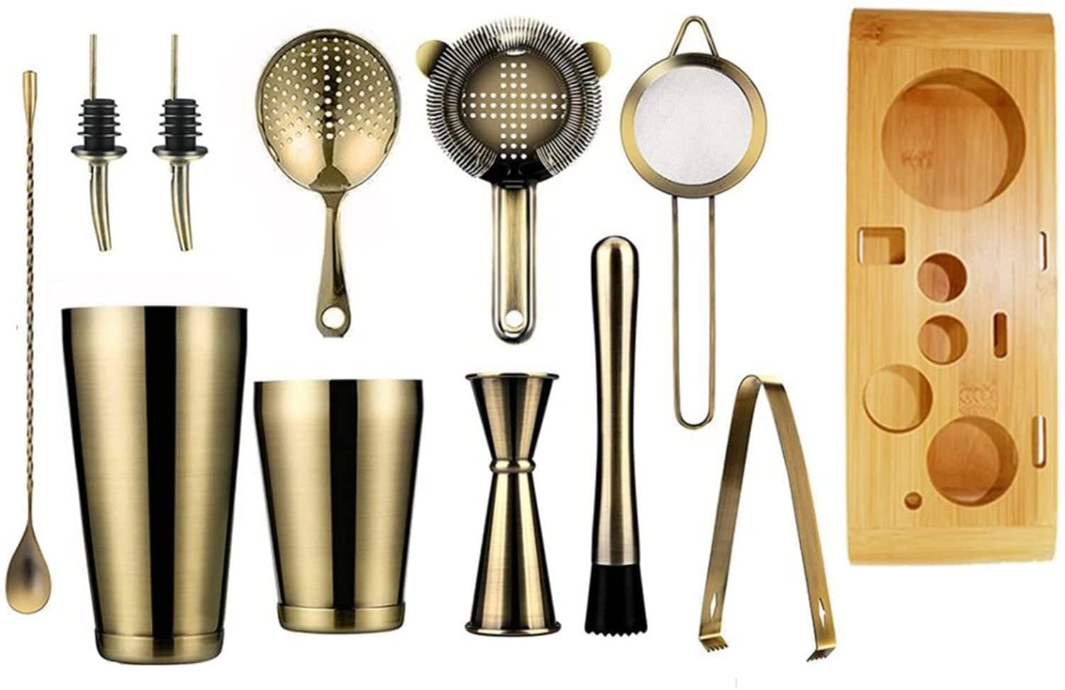 Juego de coctelera, kit con: 2 cocteleras pesadas, juego de colador de cóctel, jigger, mortero y cuchara, pinzas para hielo y 2 vertedores de botellas, kit de barman, herramientas de cóctel (color: