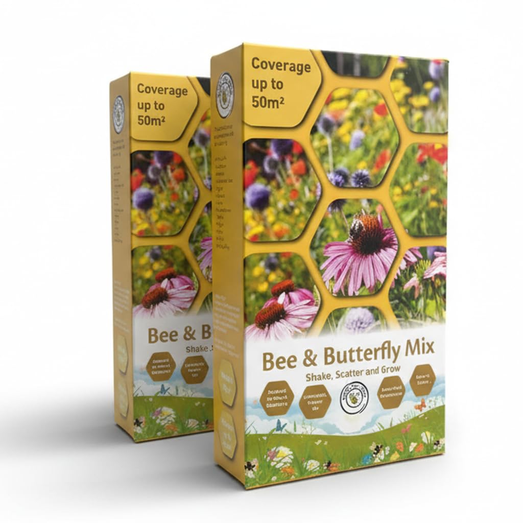 Pretty Wild Seeds Bee & Butterfly Scatter Boxes | 2x50m2 Twin Pack, 100m2 Coverage | Wildflower Seed Mix Attracts Bees and Butterflies UK Pollinators