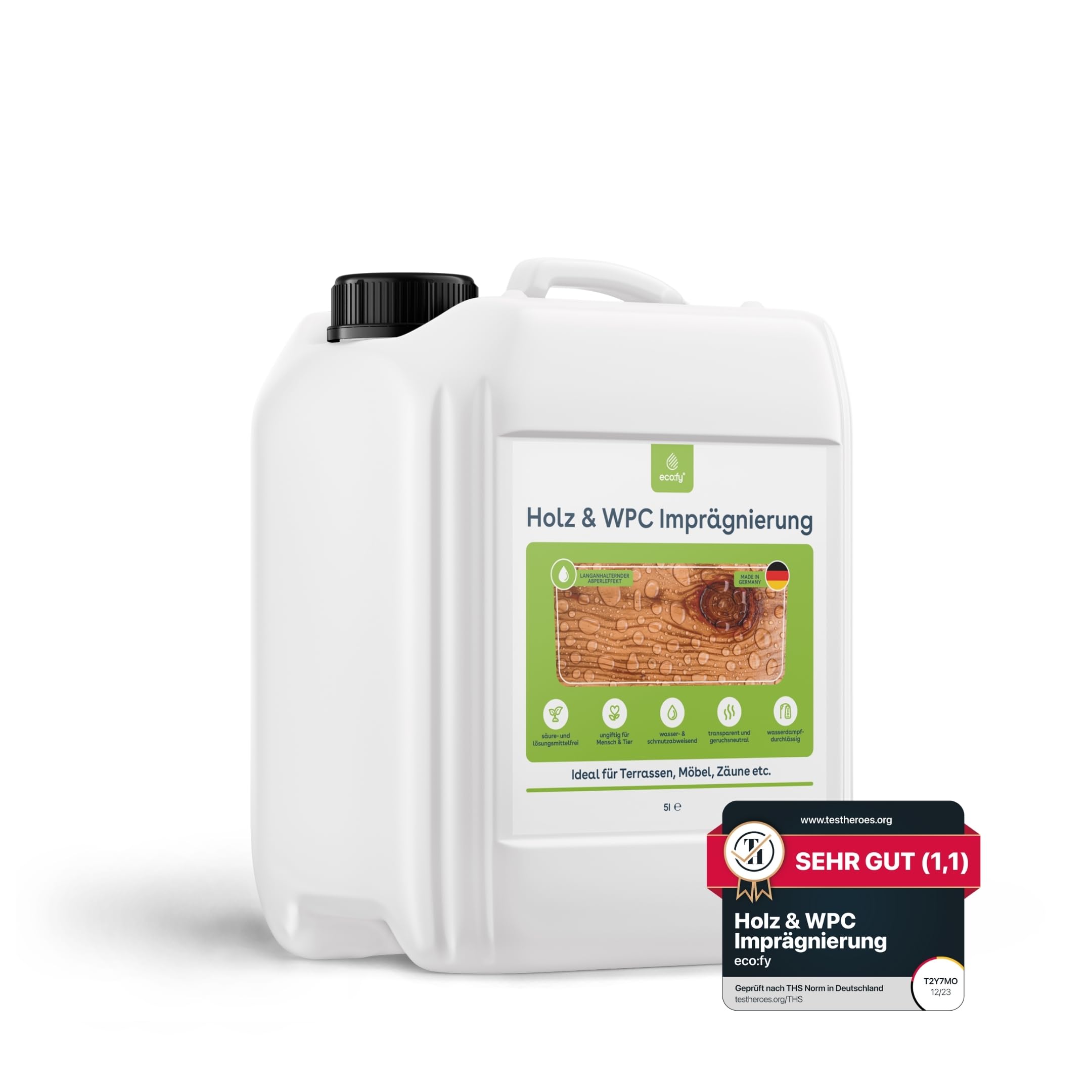 eco:fy Holz & WPC Imprägnierung farblos 5L - Schutz gegen Grünbelag - Holz Imprägnierung für WPC, Terrassen, Möbel & Zäune - biologisch abbaubar, Lösemittelfrei & PFC-frei - Made in Germany
