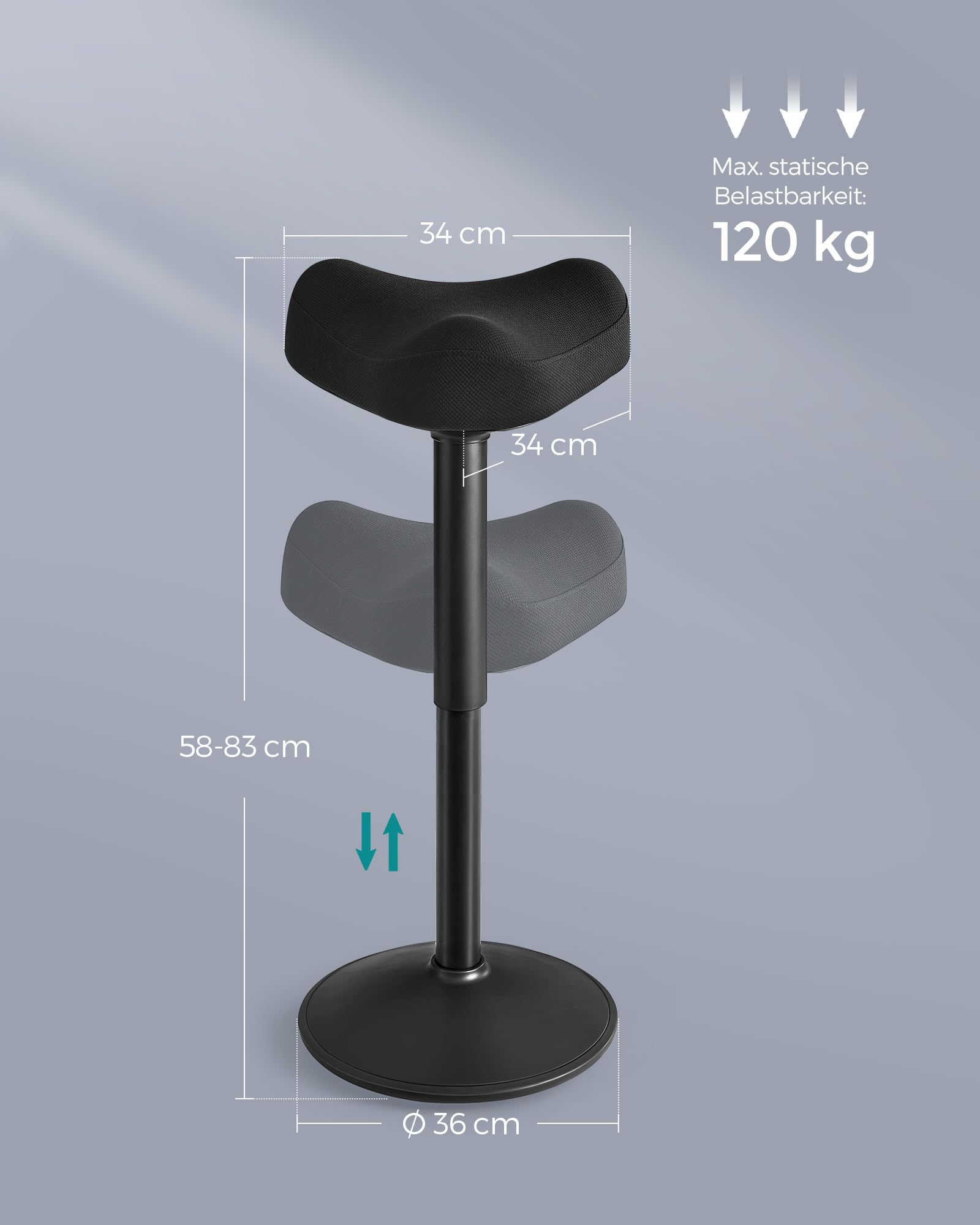 SONGMICS Hocker, Stehhocker um 360° neigbar, Schreibtischstuhl, höhenverstellbar 58-83 cm, großer Sockel, Anti-Rutsch, modern, schwarz OSC008B01