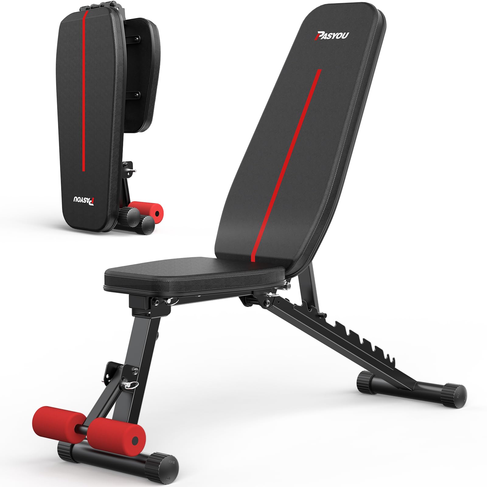 PASYOU Adjustable Weight Bench for Home Gym, Foldable Workout Bench with Incline & Decline Positions, Compact Full Body Strength Training Bench for Small Spaces
