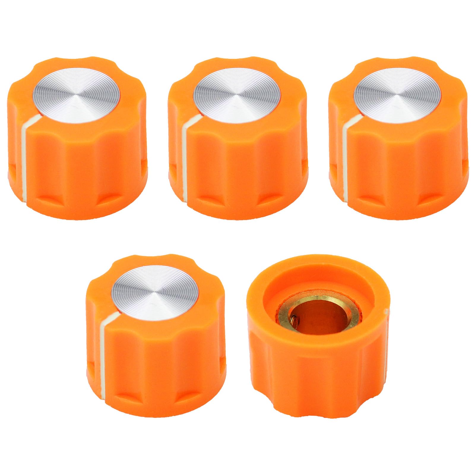6.4mm Round Hole Small Fluted Silver Cap Retro Style Amplifier/Instrument Control Knob Pack of 5 (Orange)