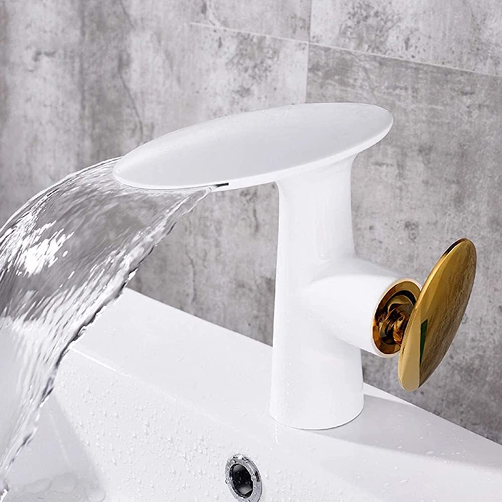Mitigeur lavabo cascade anti-eclaboussures en laiton blanc et or