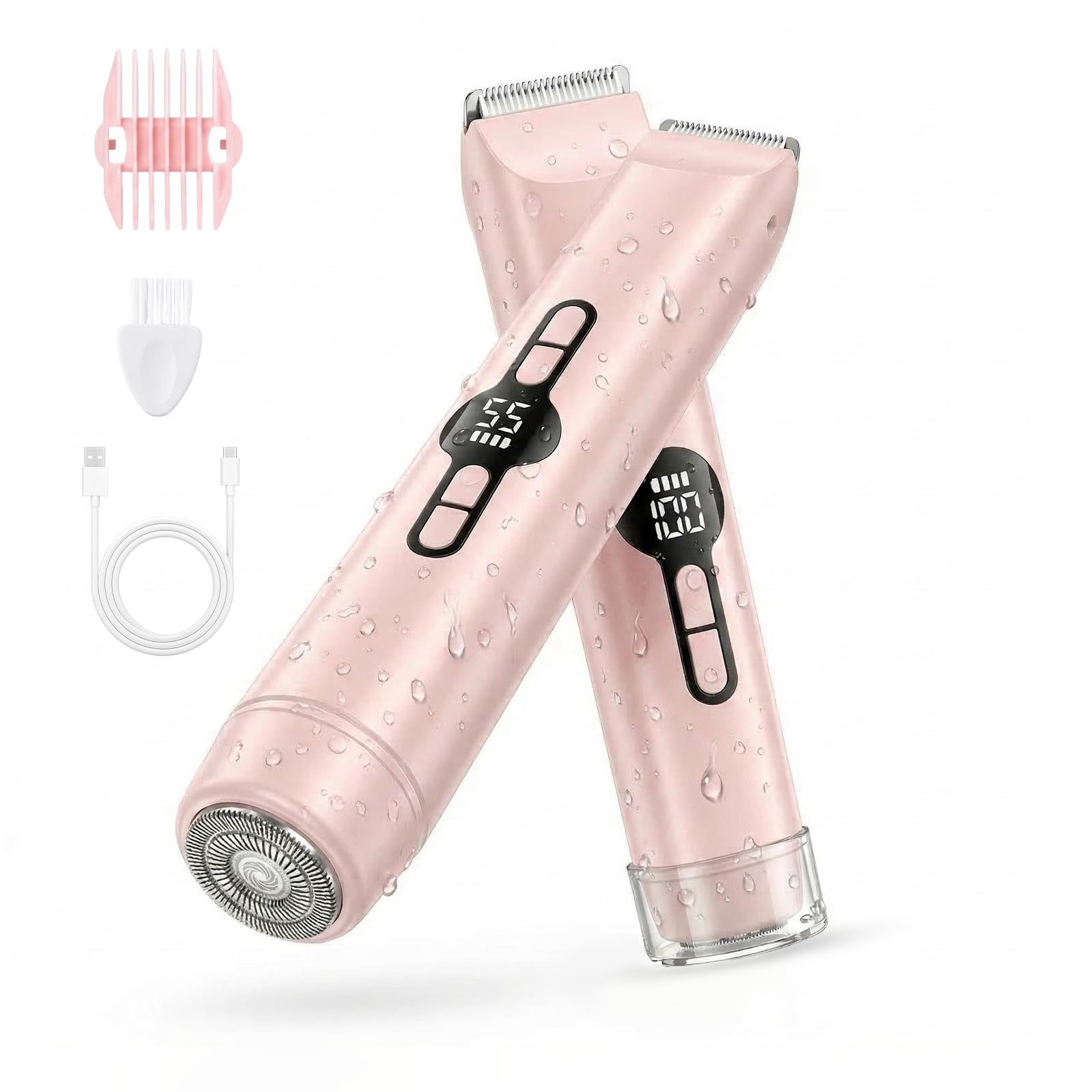 Carehabi Women's Electric Intimate Hair Trimmer 2 in 1 Shaver with LED Display IPX7 Waterproof Ceramic Blades for Face and Body Rechargeable Type C Pink