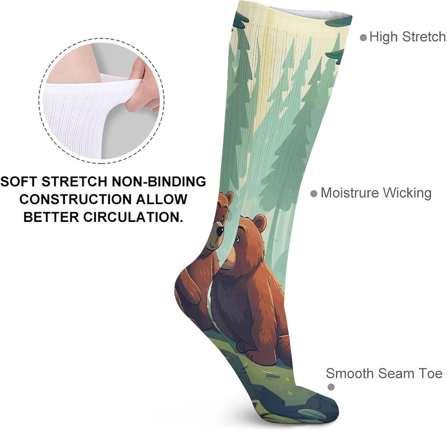 Hand Drawn Bear Crew Socks Cozy Casual Calf Socks Lightweight Long Work Sock Breathable Athletic Sock for Hiking Sports Running 5 Pairs