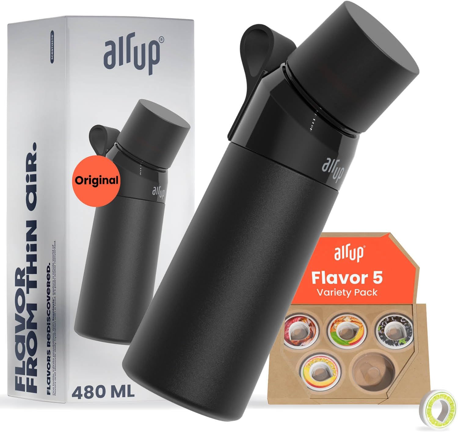 AIR UP® Bottle Original Starter Set incl. pods in 5 flavours, sugar-free I 480ml insulated bottle with flavour, keeps water cold for 14 hours I Black