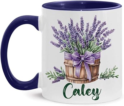 Elegant Lavender In Box Coffee Mug, Custom Name Nature Inspired Cup 11oz 15oz, Botanical Ceramic Mug, Personalized Flower Themed Accent Cup, Gifts For Lavender Lovers