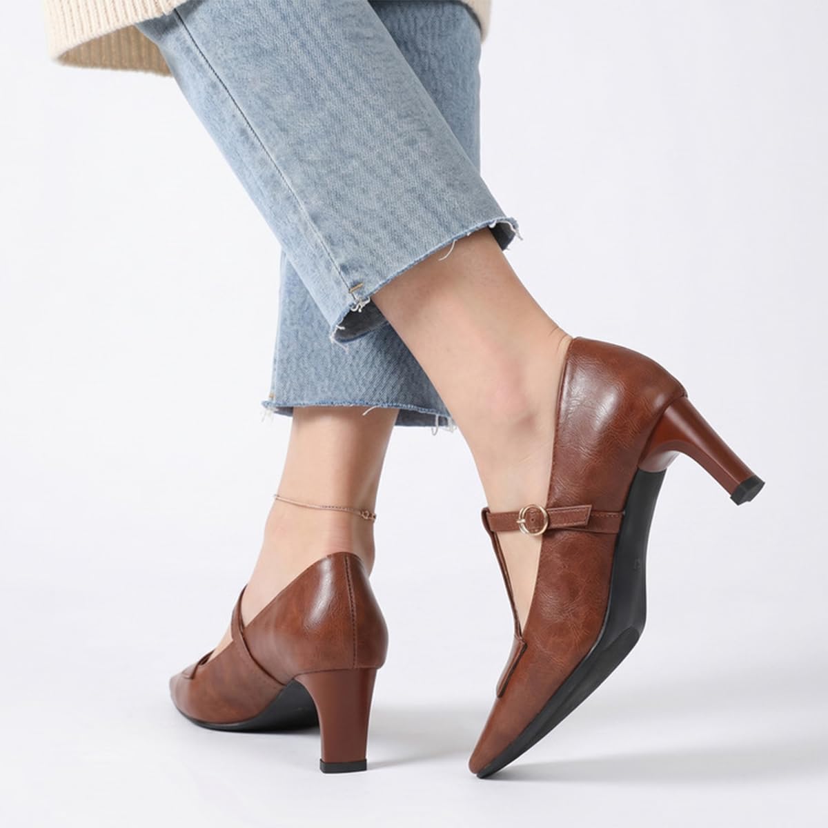 Décolleté Mary Jane Donna T-Strap Punta Quadrata Tacco Blocco