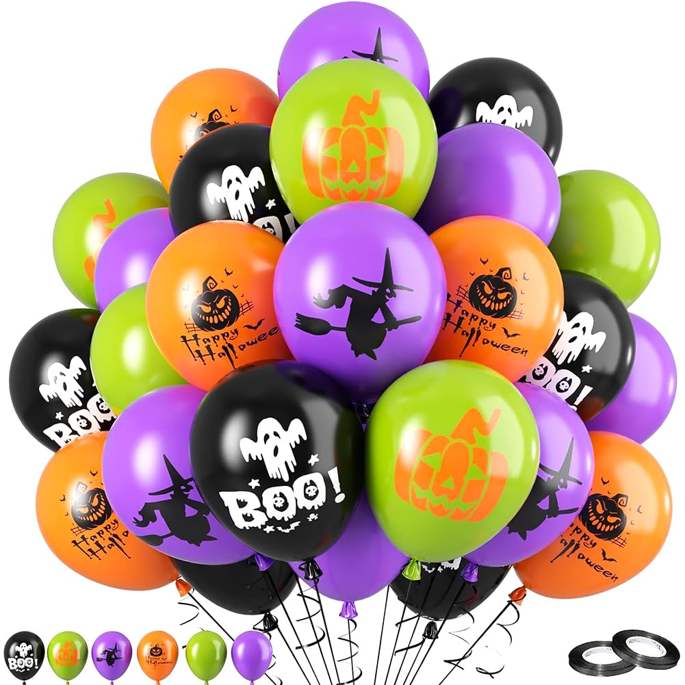 Halloween Balloons, 50pcs Black Orange Purple Green Balloon, 12inch Party Balloons Decorative