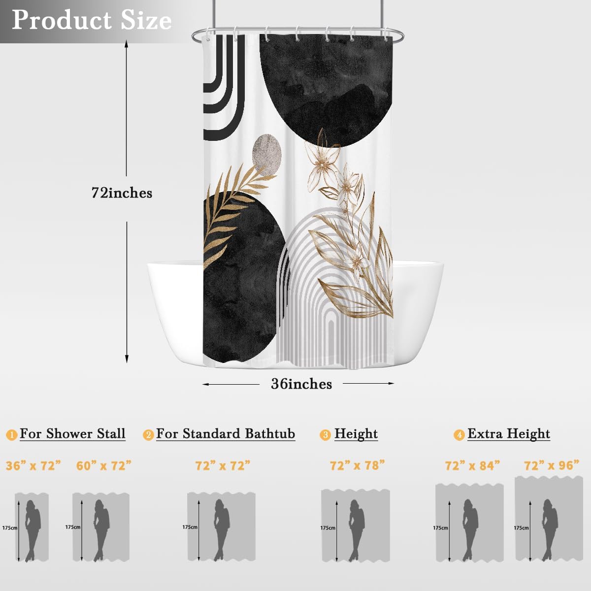 Black and Gold Shower Curtain Stall Small Half Single Mini Abstract Boho White Gray Grey Mid Century Modern Geometric Contemporary Fabric Cloth Bathroom Decor Set 36x72 inch Polyester 7 Hooks