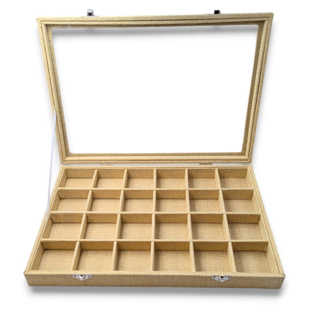 Coffret de Rangement 24 Pierres – Boîte de Gemmologie Élégante en Toile de Jute avec Couvercle en Verre – Organisateur Minéraux & Cristaux – 35 x 24 x 5 cm