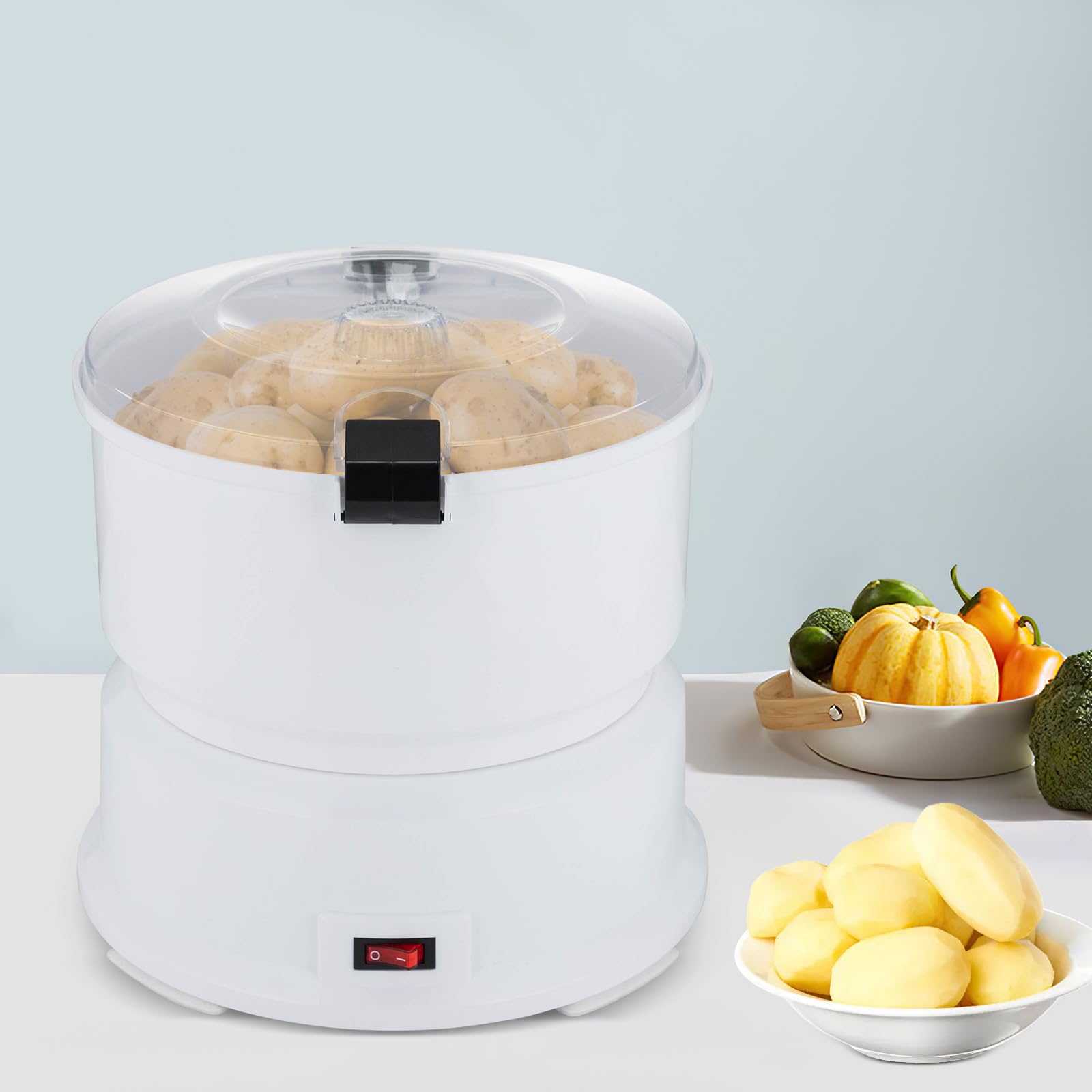 Pelador eléctrico de patatas de 85 W, moderno pelador de patatas de acero inoxidable con cuchillas de acero inoxidable, base antideslizante, sistema de manejo de un botón, ideal para verduras
