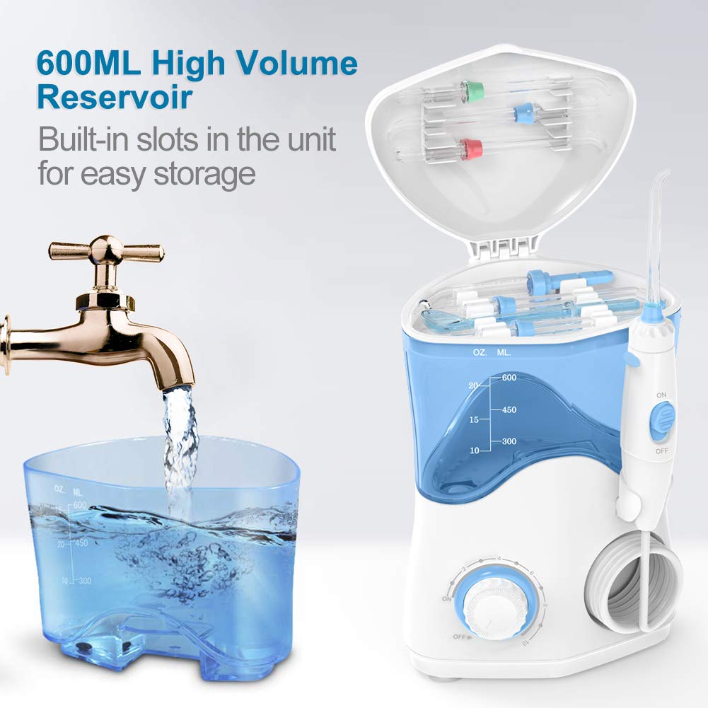 TUREWELL Idropulsore Dentale con 8 Ugelli Multifunzione, 10 valori nominali di pressione dell'acqua regolabili, pulsazioni ad alta frequenza con capacità di 600 ml (Bianco)