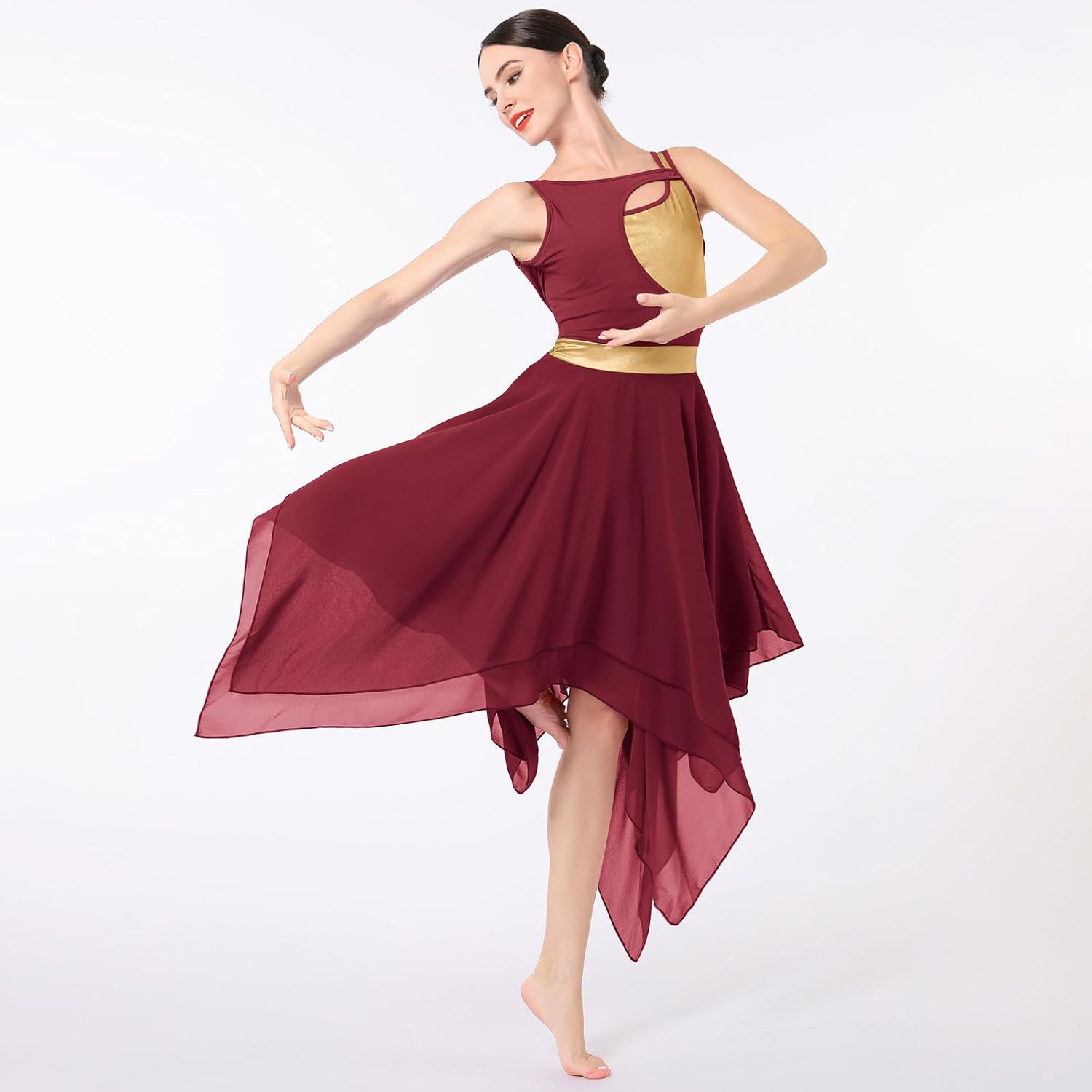 ODASDO Lyrical Dance Costumes for Women Contemporary Dancewear Sleeveless Cut Out Front Mesh Tulle Maxi Dress XS-XL