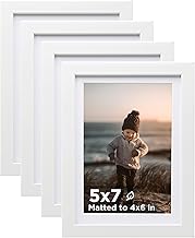 KINLINK 5x7 Picture Frame White Set of 4, Wooden Photo Frames Matted 4x6 with Plexiglass for 4x6 with Mat or 5x7 without Mat for Table and Wall Display