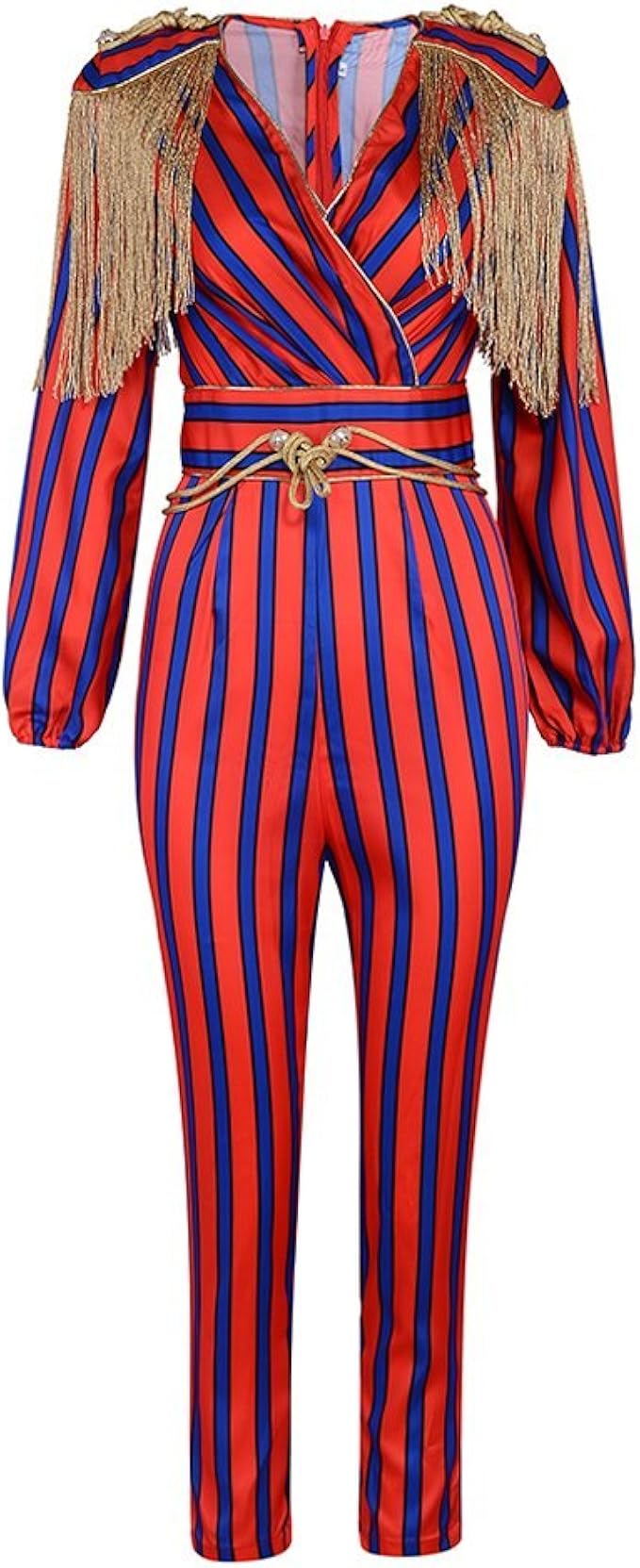 Damen Jumpsuit Herbst Overall Casual Lange VAusschnitt Gestreift