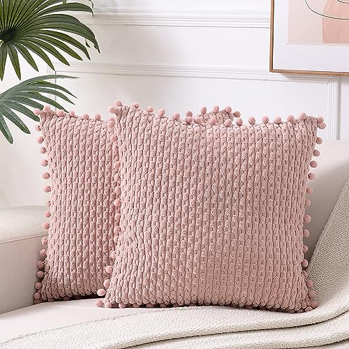 Fancy Homi 2 Packs Dusty Pink Decorative Throw Pillow Covers 18x18 Inch with Pom-poms for Couch Bedroom Living Room, Farmhouse Boho Home Decor, Soft Cute Plush Corduroy Blush Cushion Case 45x45 cm
