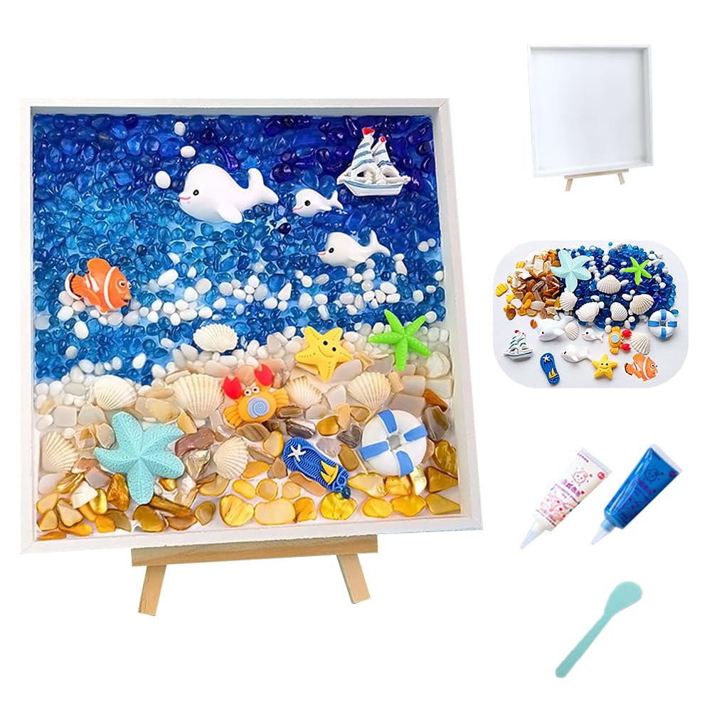 DIY Beach Painting Kit, Ocean Sea Animals Starfish Shells Stone DIY Materials Package, DIY Wood Frames Arts and Crafts