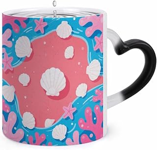 Color Changing Mug, Novelty Coffee Magic Cup, Shell Starfish Pattern | Heat Sensitive Coffee Mug, Heart Shape Handle, Ceramic Tea Cup, Surprise Color Changing Design Mugs for Birthday, Christmas