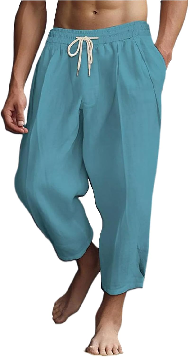 Men's Cotton Linen Harem Pants Stretch Drawstring Yoga Pants Lightweight Baggy Hippie Trousers for Beach Vacation