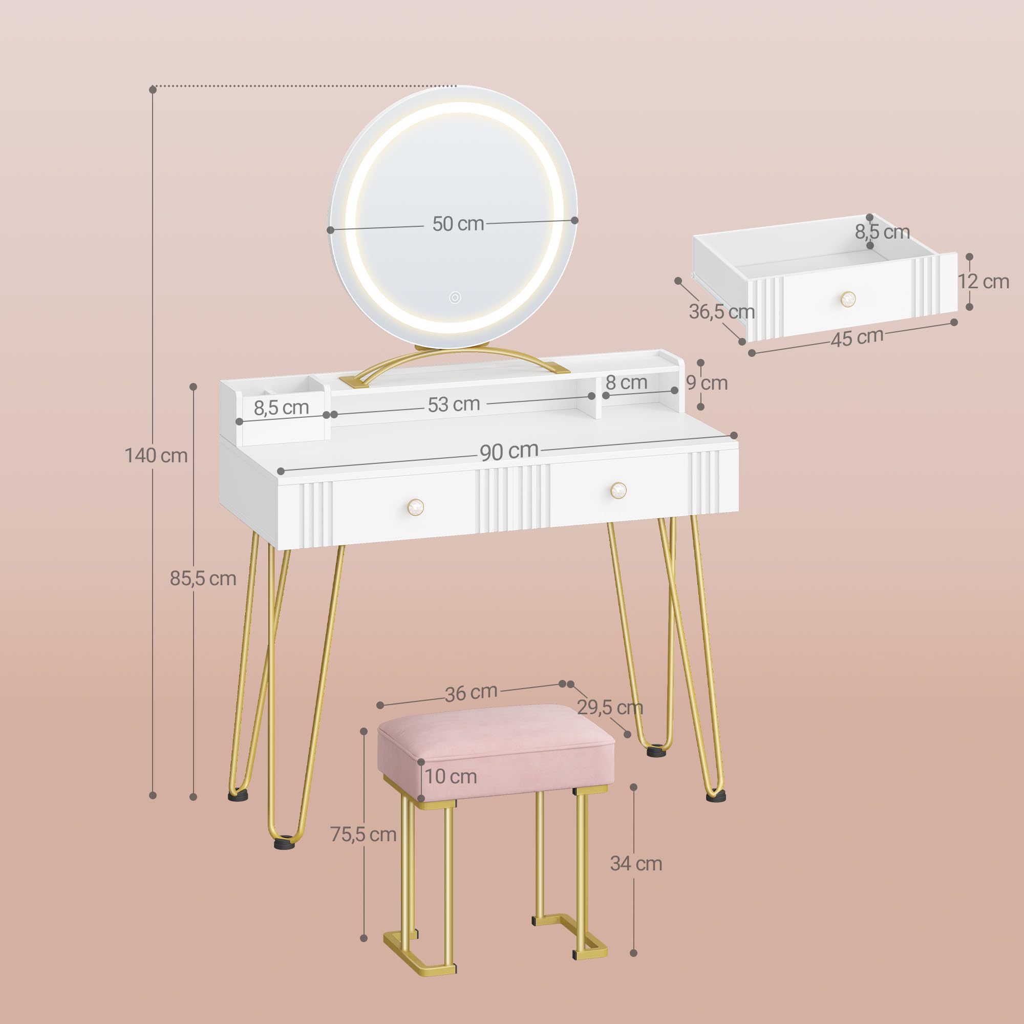 Hzuaneri toeletta trucco con Sgabello e Illuminazione, toeletta da trucco con specchio, Sgabello imbottito rosa, con Cassetti, 40 x 90 x 140 cm, Bianco Opaco e Oro DT42403XEU