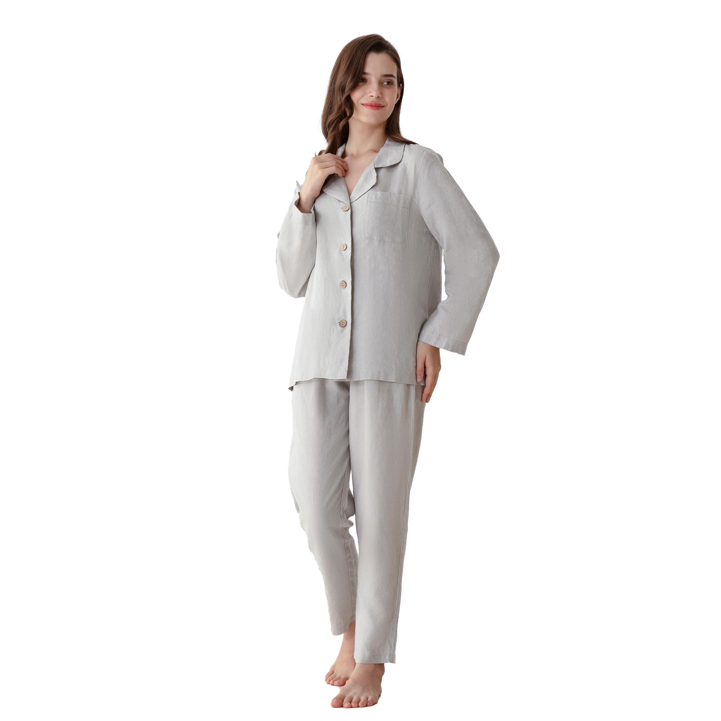 Simple&Opulence Conjunto de pijama de lino 100 % para mujer, camisa y pantalones suaves, ropa de descanso de 2 piezas, ajuste delgado, suave y transpirable, S-L