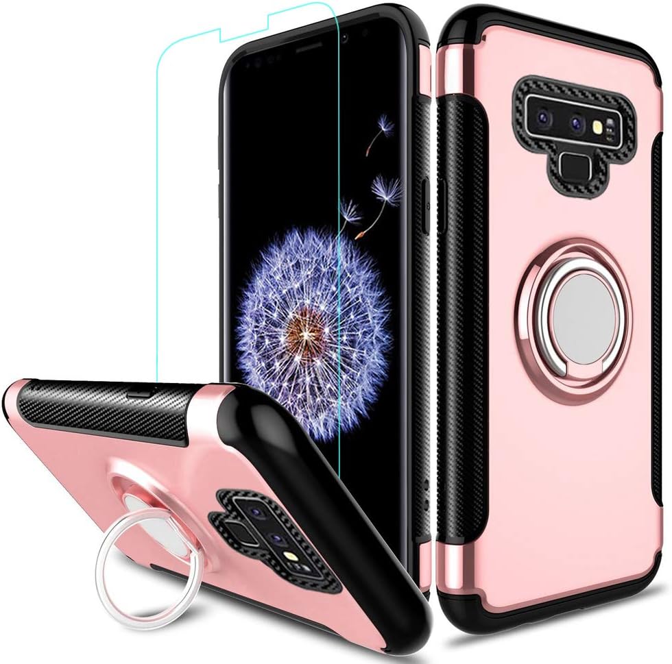 [ Heavy Duty ] Armor Hybrid Case with 360 Rotation Ring Holder Magnetic Kickstand with Tempered Glass Screen Protector for Samsung Galaxy Note 9,Rose
