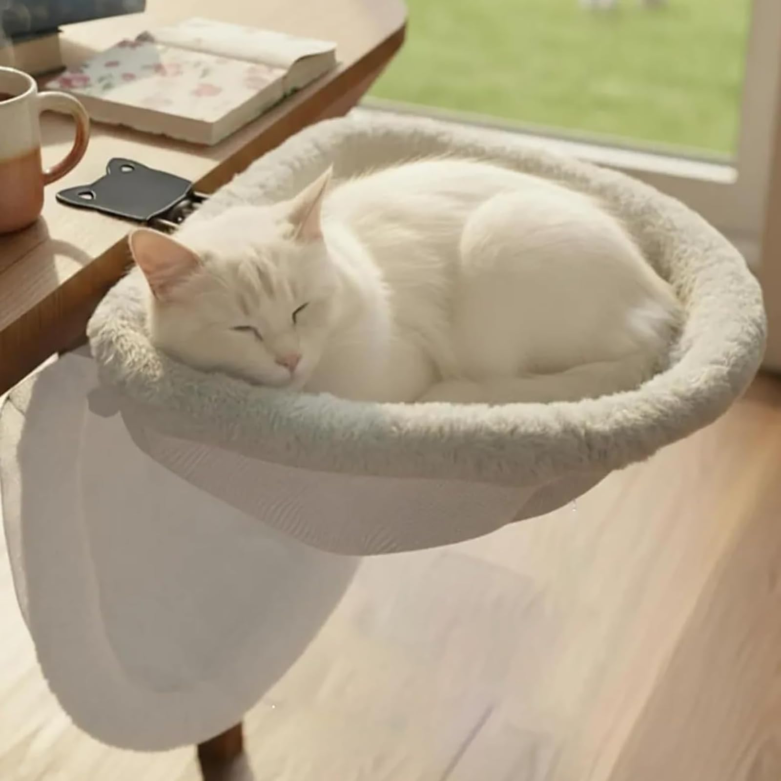 Cat Desk Bed, Foldable Cat Hammock for Desk, Semi-Circular Cat Bed with Soft Faux Rabbit Fur, Sunken Design Cat Bed, Space-Saving One-Key Folding Cat Furniture, Holds Up to 40lb, Light Grey