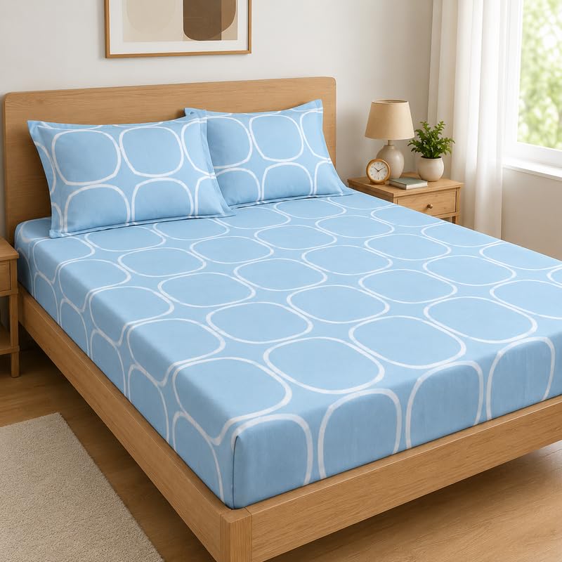 Image of Premium Cotton Fitted Bedsheet King Size 78 x 72 x 8 Inches with 2 Pillow Covers | 220 TC | All-Around Elastic Deep Pocket Bed Cover | Sky Blue White Geometric