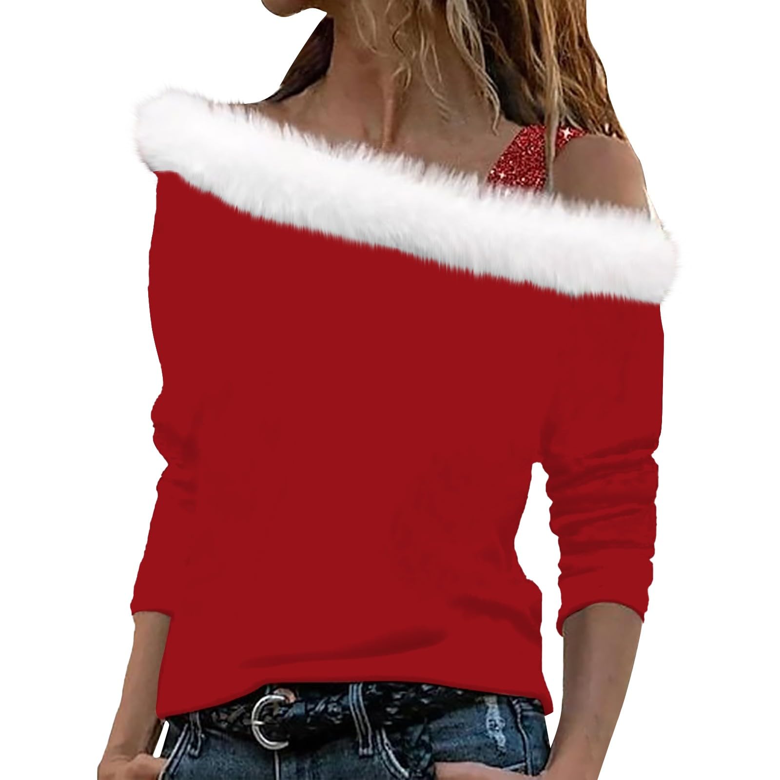 Huifuao Kersttops voor dames, sprankelende kerstboomprint, off-shoulder