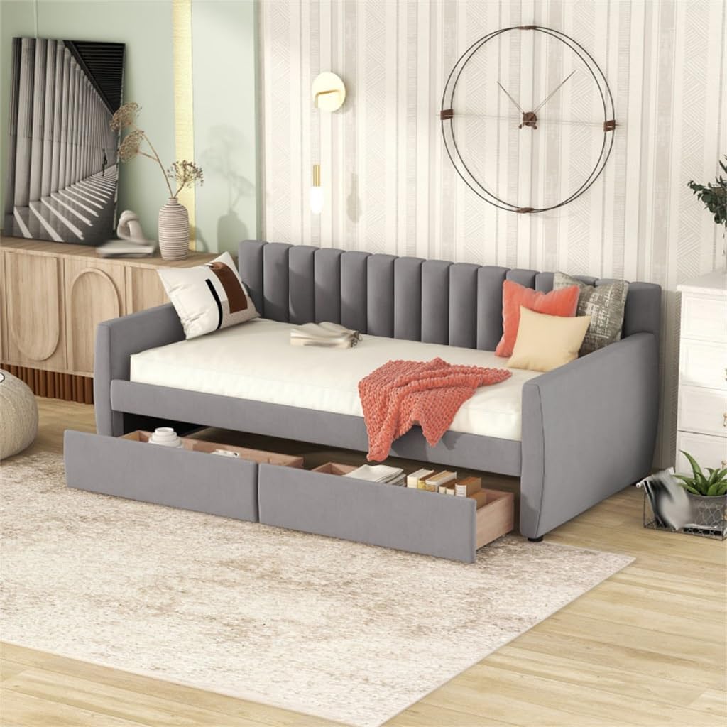 Twin Size Upholstered Daybed with Drawers, Wood Slat Support,for Indoor Living Room, Bedroom Furniture,Gray