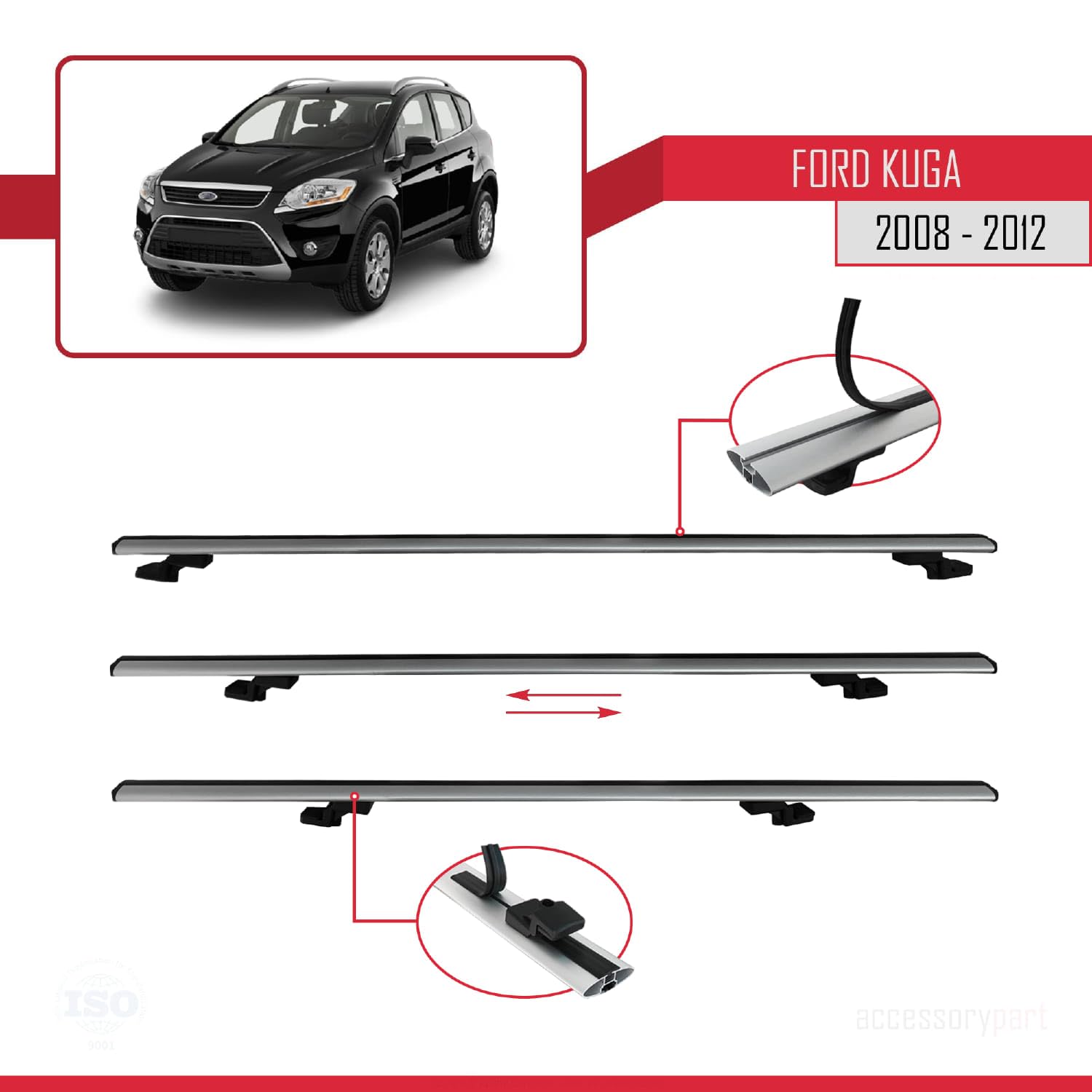 Bagażnik dachowy kompatybilny z Ford Kuga 2008-2013, bagażnik dachowy, model Basic, 3 bary, szary
