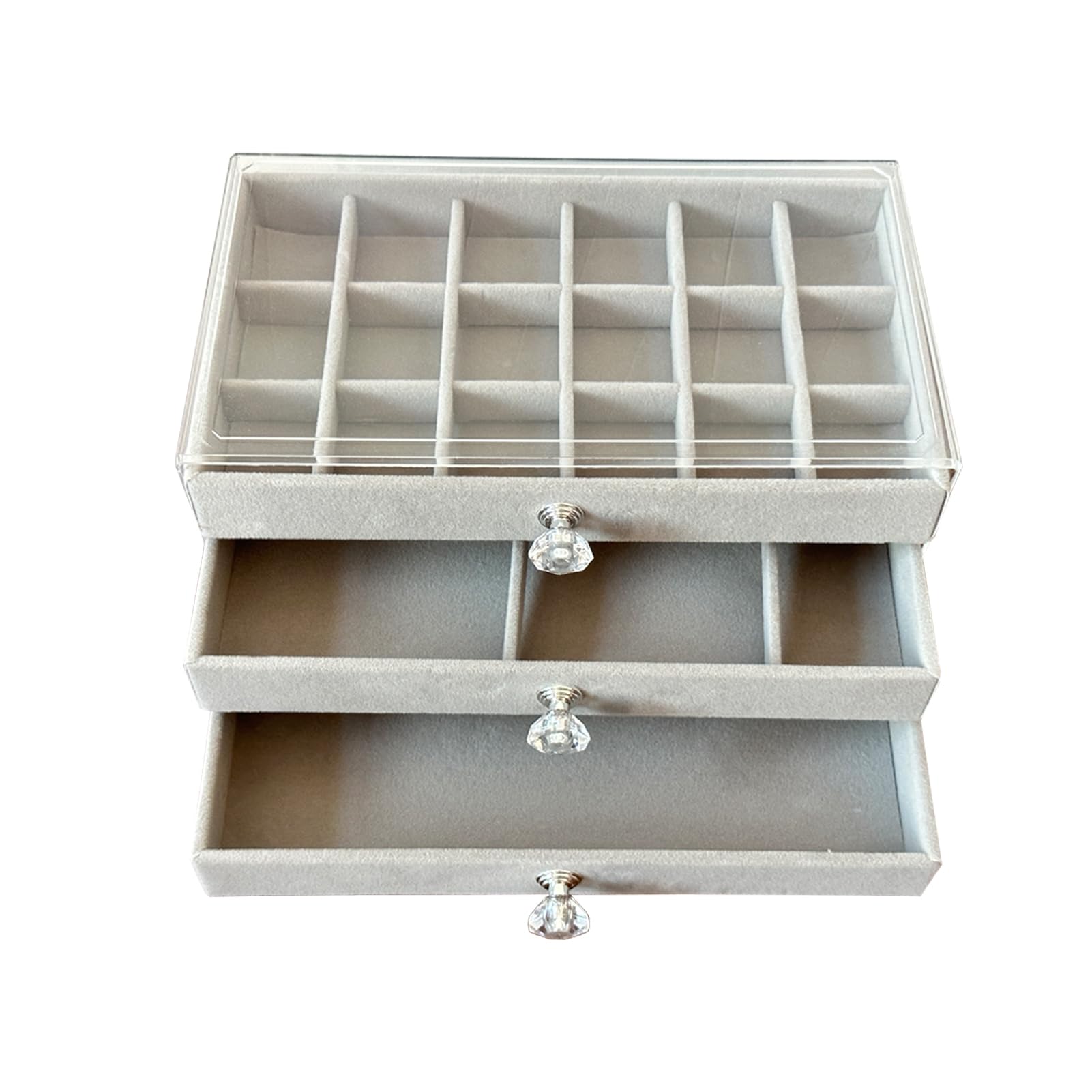 TINGSING3-Tiers Clear Acrylic Jewelry Box Drawer Organiser for Earrings Rings Necklace Bracelet Bangle, Stackable Jewelry Tray, Earring Display Case Holder, Women Girls Gift, Grey