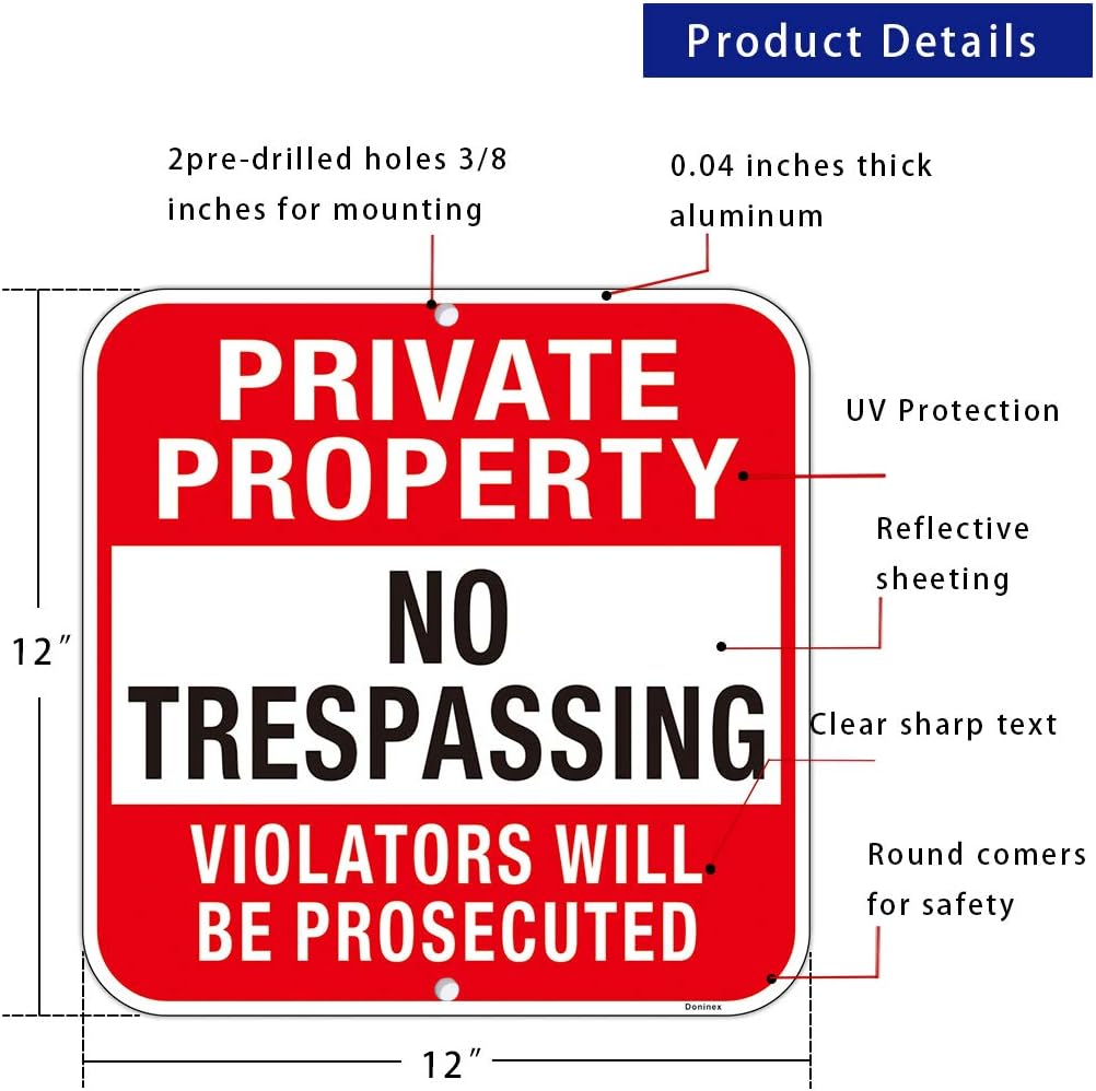 Large (4 Pack) Private Property No Trespassing Sign, 12x12 Inches Metal Heavy Duty Reflective Aluminum, Violators Will Be Prosecuted, Weatherproof Up to 7 Years Outdoor