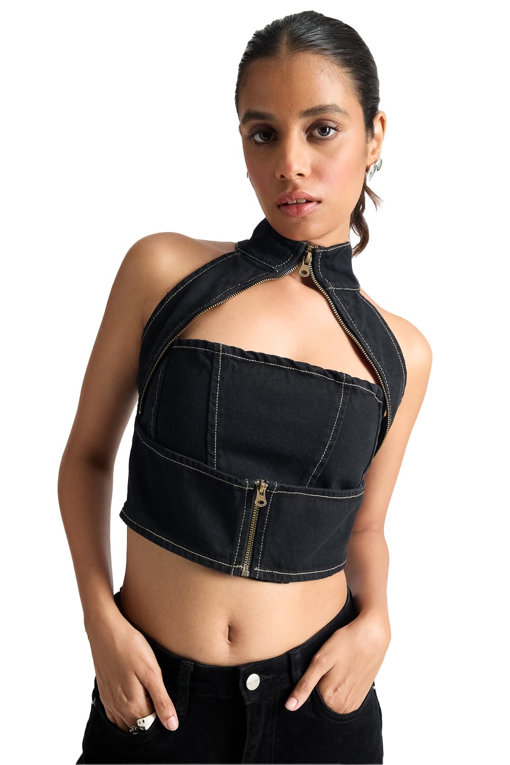 FREAKINS Gothic Chained Black Denim Top