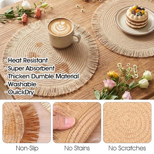 Sets de table bohèmes ronds 38cm résistant chaleur pour déco table salon beige