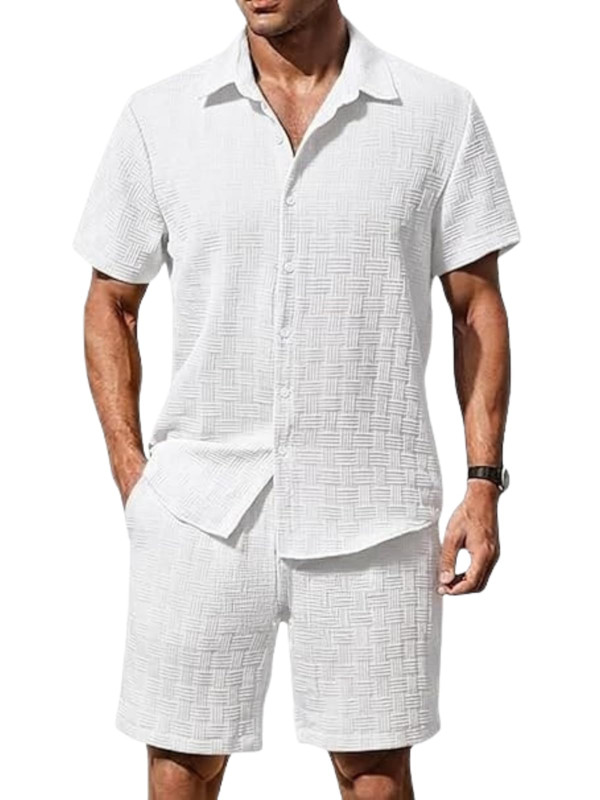 GRECIILOOKS Tenue décontractée 2 pièces pour homme, chemise boutonnée et short, tissu léger en polyester mélangé pour la plage, les voyages, le salon, blanc, taille L