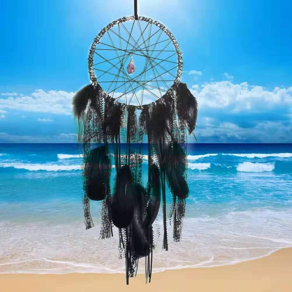 Nice Dream Boho Dream Catcher,Black Feather Handmade Crochet Lace Dream Catchers with Amethyst Stone,Wall Hanging Decor, Bedroom Living Room Decoration