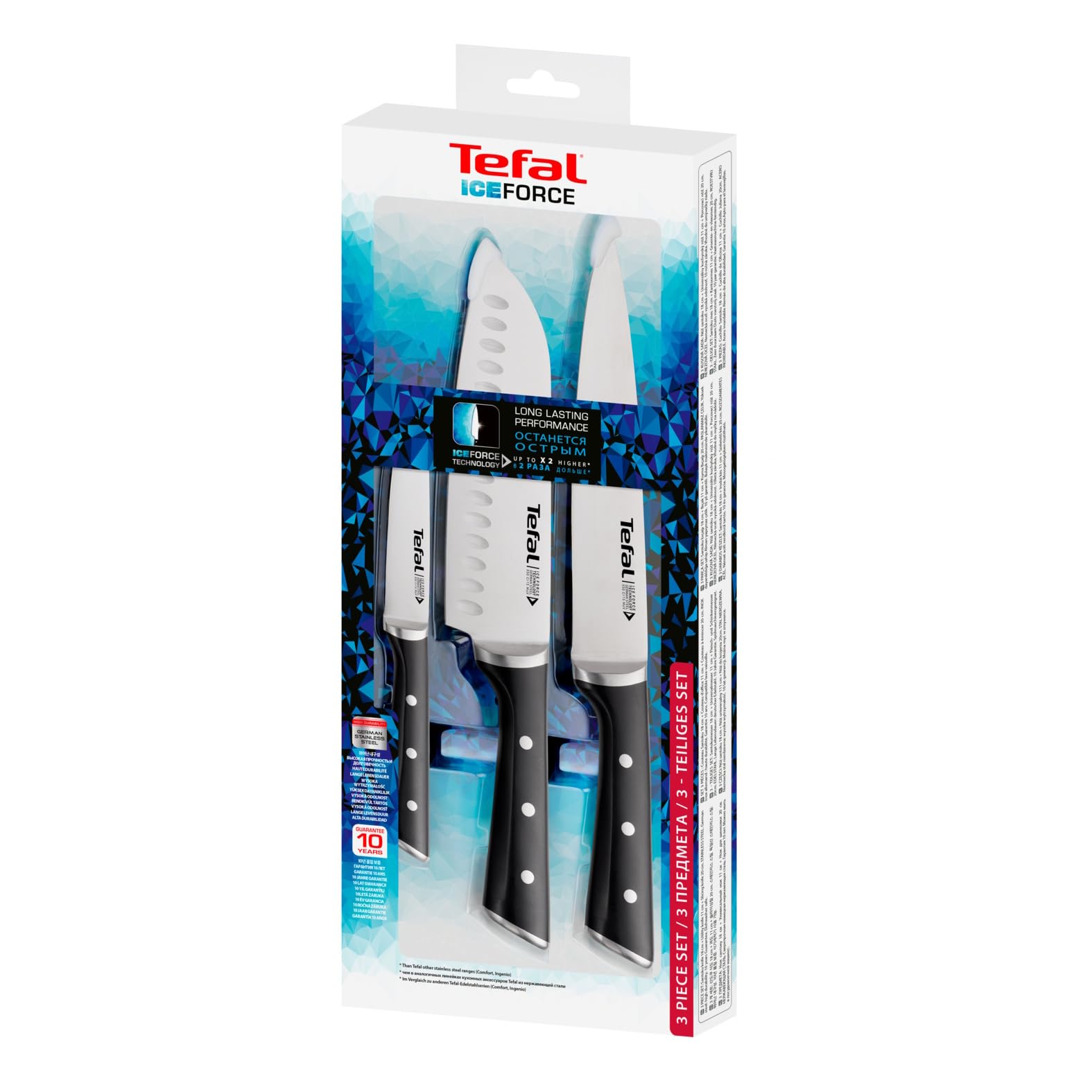Tefal Ice Force 3-teiliges Messerset, Fleischmesser 20 cm, Santokumesser 18 cm, Universalmesser 11 cm, deutscher Edelstahl, lang anhaltende Schneidleistung und Schärfe, Edelstahl/Schwarz, K232S374