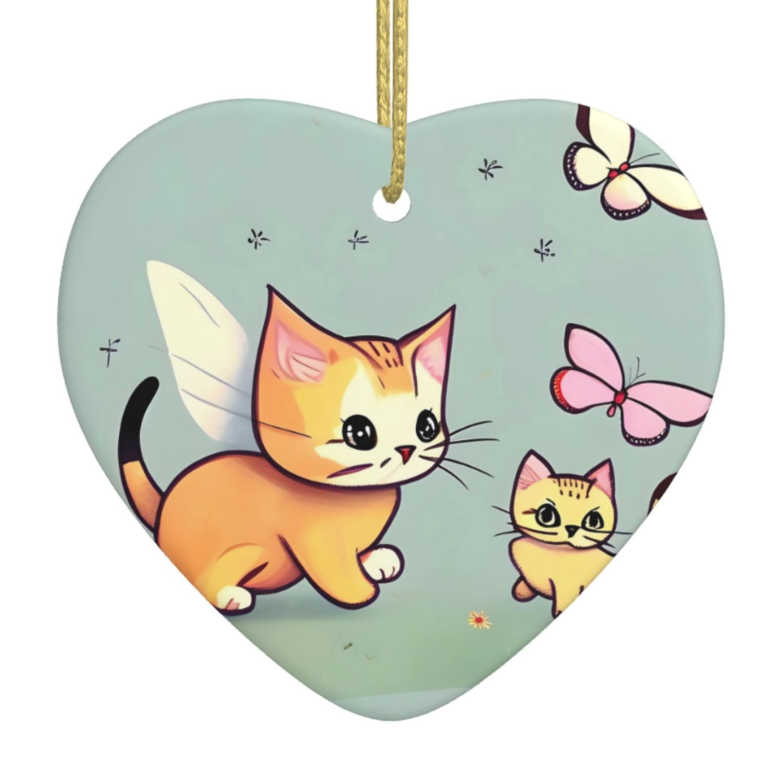 Kitten Butterfly Ceramic Christmas Heart Pendant with Silk Thread, Christmas Tree Home Decoration