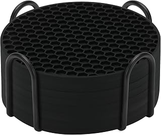 TWTLi Black Silicone Coasters Set of 8 with Holder - Heat-Resistant, Dishwasher Safe for Drinks, Anti-Slip Table Protection