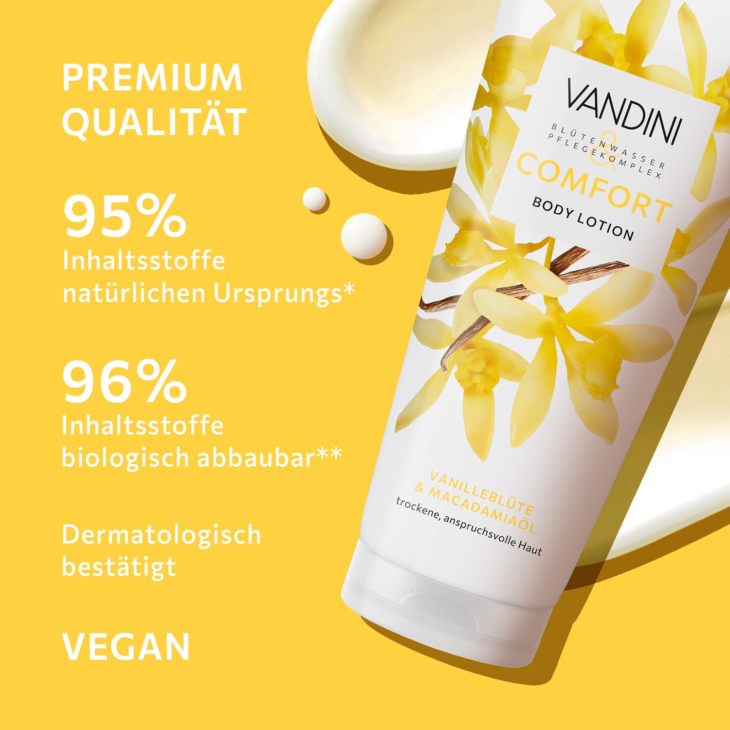 VANDINI 6 x COMFORT Balsam do ciała dla kobiet, 200 ml, z kwiatem wanilii i olejkiem makadamia – balsam do ciała do suchej, wymagającej skóry – wegański, bez parabenów i silikonów, Made in Germany